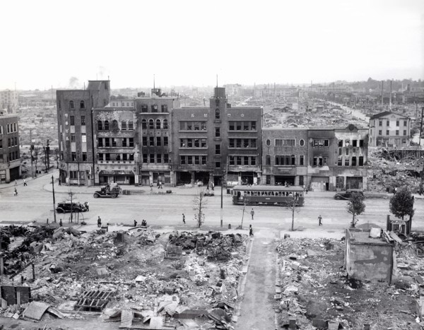 Bombed area after U.S. Air Force air raids