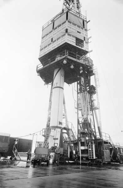 Jupiter-C rocket in gantry tower