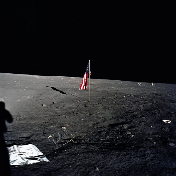 American flag after it was unfurled on lunar surface during  extravehicular activity during Apollo 12 manned lunar landing mission