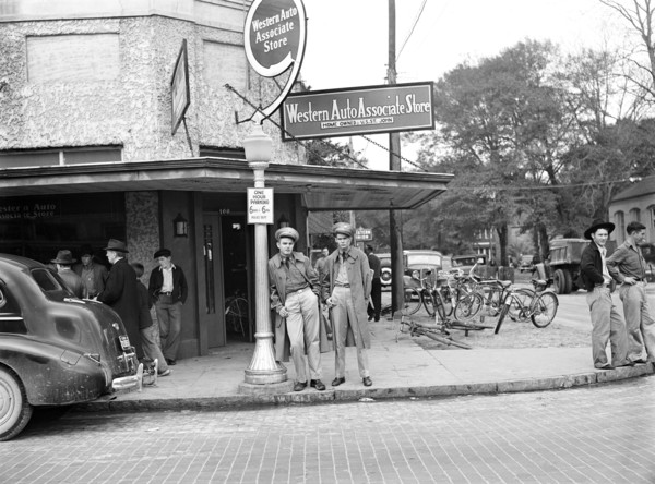 Two soldiers standing on street corner in Starke, Florida, USA, Marion Post Wolcott, U.S. Farm