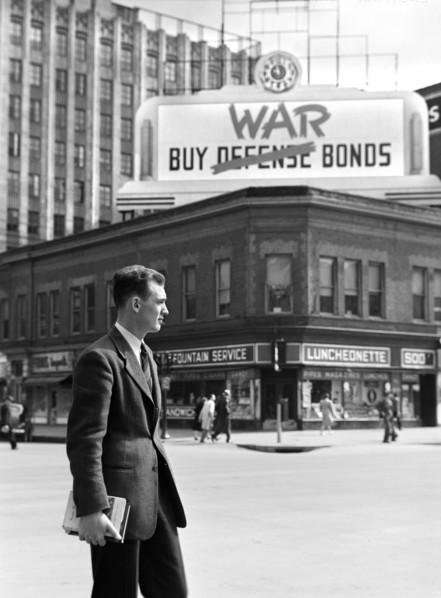 John Cockle on downtown street corner, Lincoln, Nebraska, USA, John Vachon, U.S. Office of War