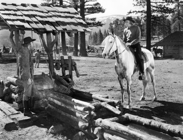 Dean Jagger (right), Arthur Aylesworth (left), on-set of the film, "Brigham Young", 20th