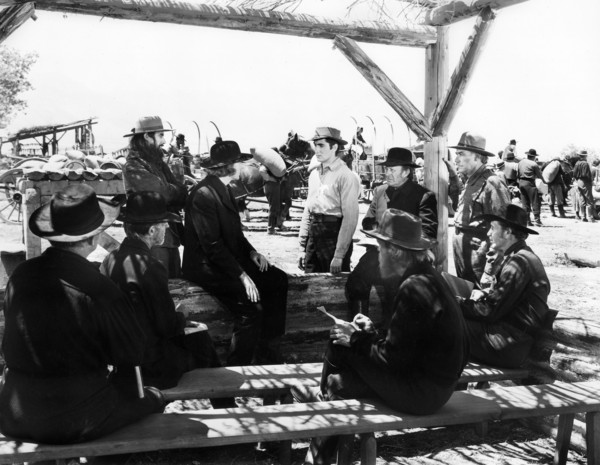 John Carradine, Tyrone Power, Dean Jagger, on-set of the film, "Brigham Young", 20th Century-Fox,