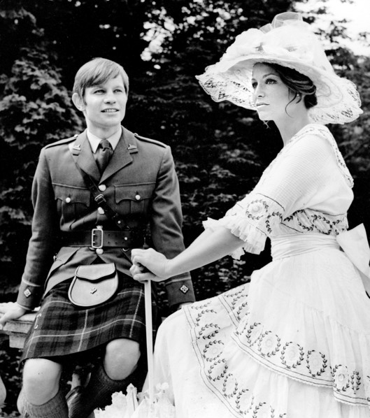 Michael York, Alexandria Stewart, on-set of the British film, "Zeppelin", Warner Bros., 1971