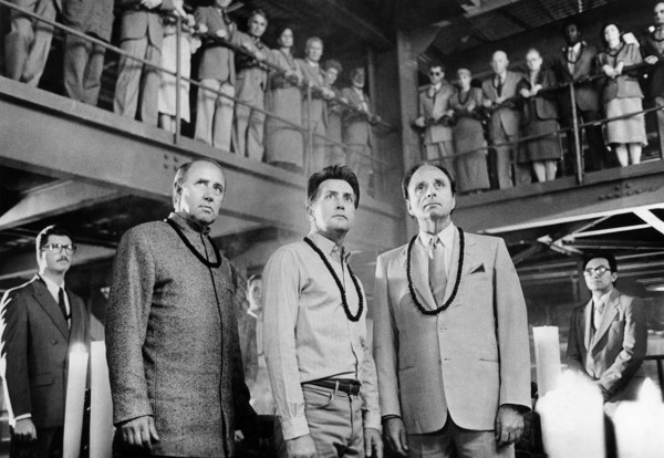 Lee Richardson, Martin Sheen, Harris Yulin, on-set of the film, "The Believers", Takashi Seido,
