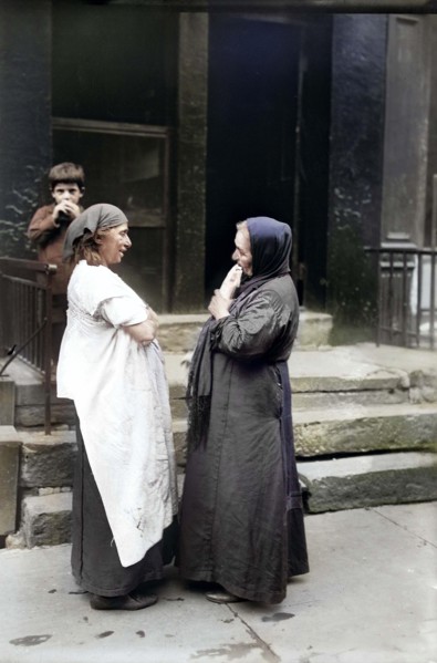 Two Syrian women talking in front of residential building, New York City, New York, USA, Bain News