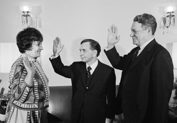 New York Congresswoman Bella Abzug being sworn in by U.S. Speaker of the House Carl Albert and
