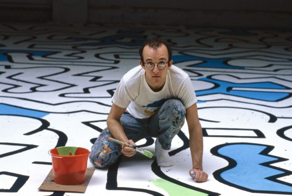 American artist Keith Haring painting backdrop for Palladium Nightclub, New York City, New York,