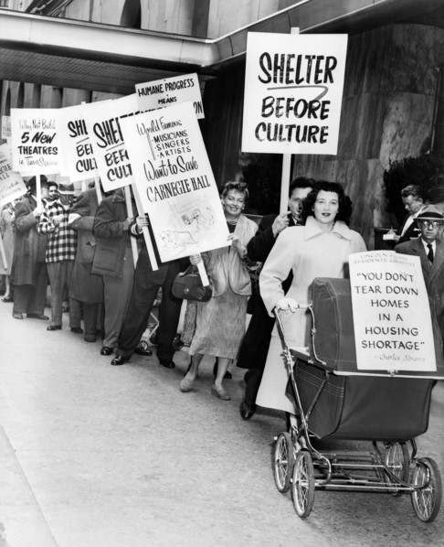Mrs. Ellan Levitt leading picket line protesting proposed destruction of Lincoln Square