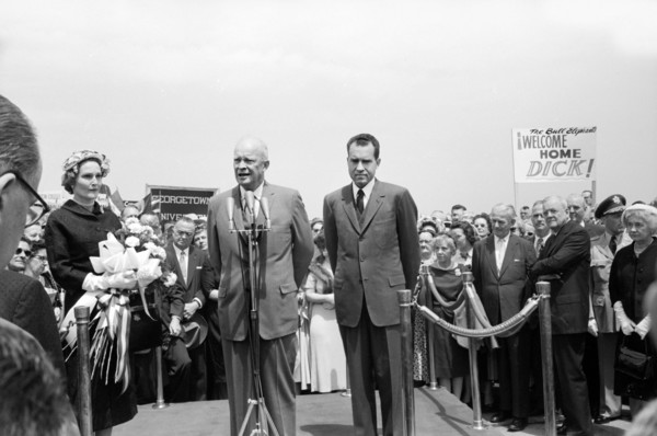 U.S. President Dwight Eisenhower welcoming home U.S. Vice President Richard Nixon and his wife Pat