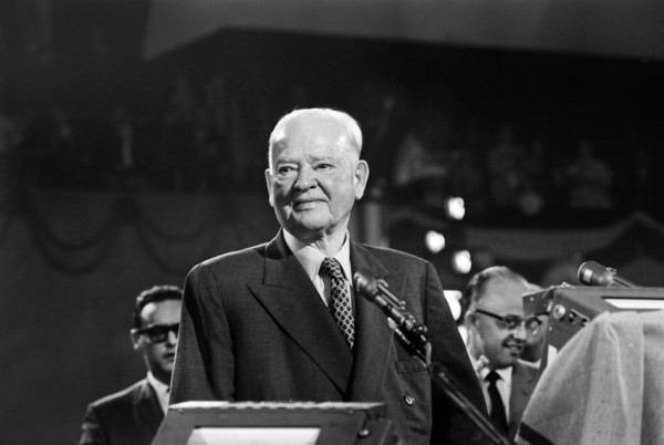 Former U.S. President Herbert Hoover speaking at rostrum during Republican National Convention,