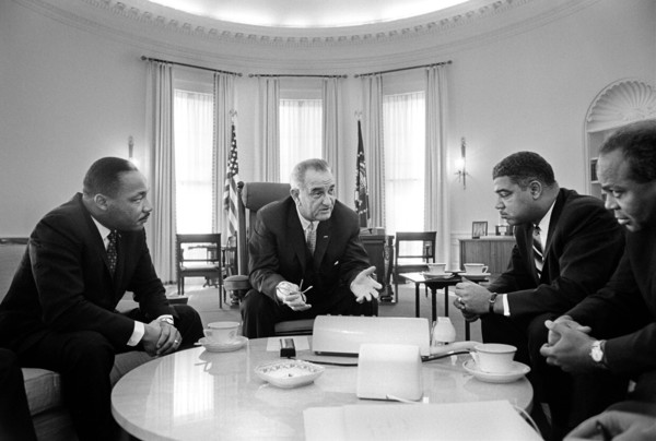 Martin Luther King Jr., U.S. President Lyndon Johnson, Whitney Young, James Farmer, during civil