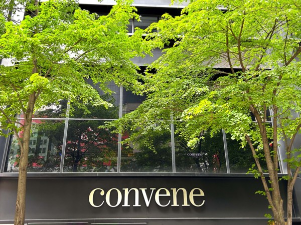 Convene, premium office and event space, building exterior and company sign, New York City, New