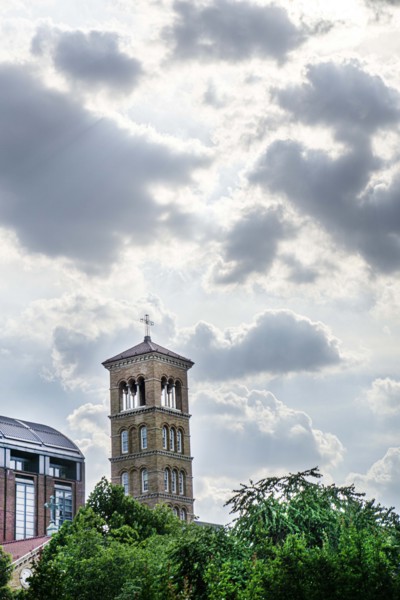 Judson Memorial Church,
Campanile (foreground and right), Furman Hall, New York University (left),