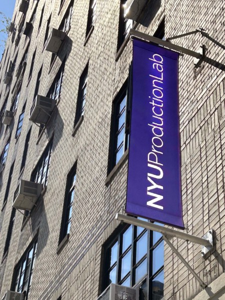 NYU Production Lab, building exterior and banner, New York University, New York City, New York, USA
