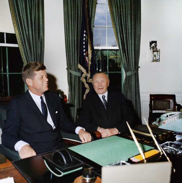 U.S. President John F. Kennedy meeting with Chancellor of West Germany, Dr. Konrad Adenauer, Oval