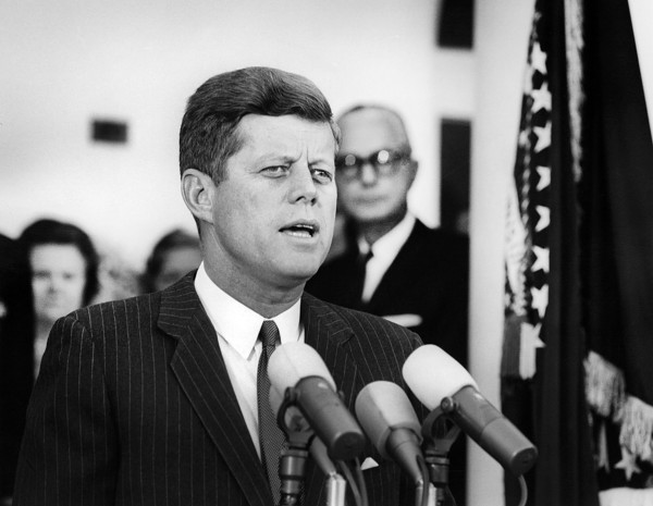 U.S. President John F. Kennedy delivering remarks at military reception in honor of recipients of