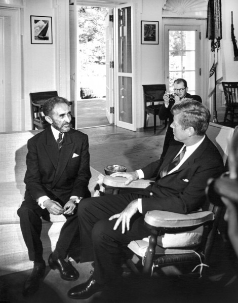 U.S. President John F. Kennedy (in rocking chair) meeting with Emperor of Ethiopia, Haile Selassie