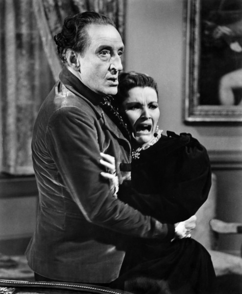 Basil Rathbone, Debra Paget, on-set of the film, "Tales Of Terror", American International