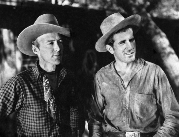 Don Gray (left), William Val (right), on-set of the western film, "Battling Marshal", Astor