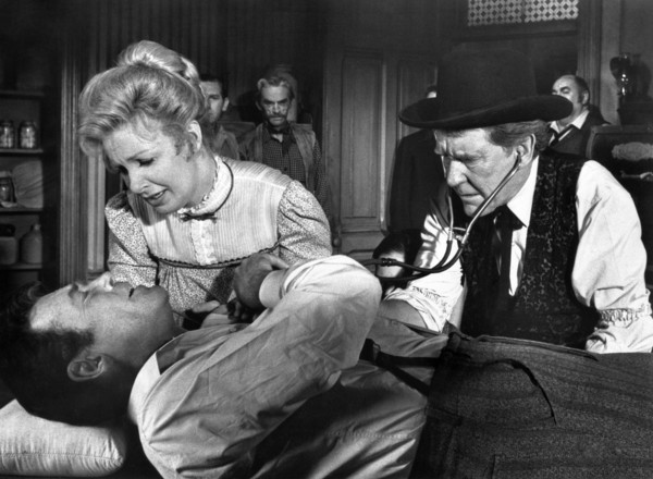 Henry Fonda, Joanne Woodward, Burgess Meredith, on-set of the western film, "A Big Hand For The