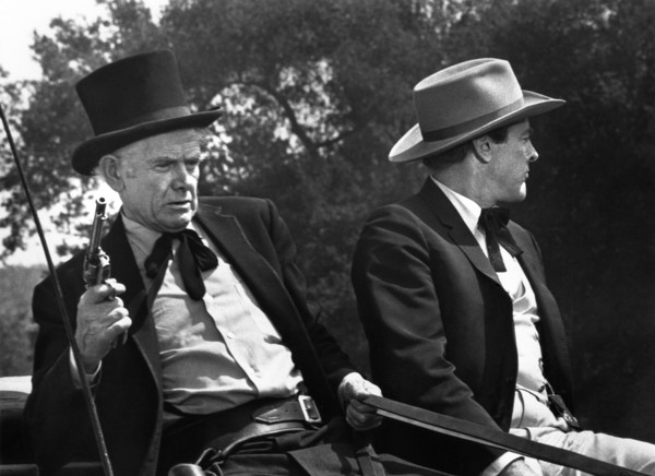 Charles Bickford, Kevin McCarthy, on-set of the western film, "A Big Hand For The Little Lady",