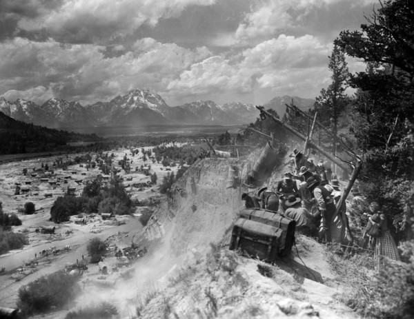 Caravan on Oregon Trail scene, on-set of the western film, "The Big Trail", Fox Film Corporation,