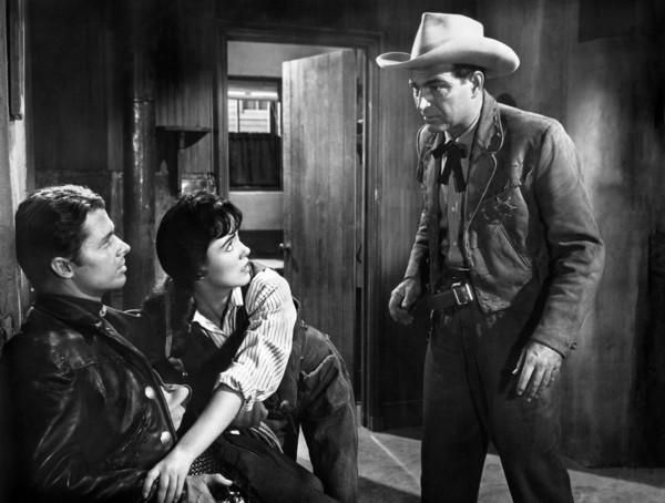 Audie Murphy (left), Susan Cabot, Stephen McNally (right), on-set of the western film, "The Duel At