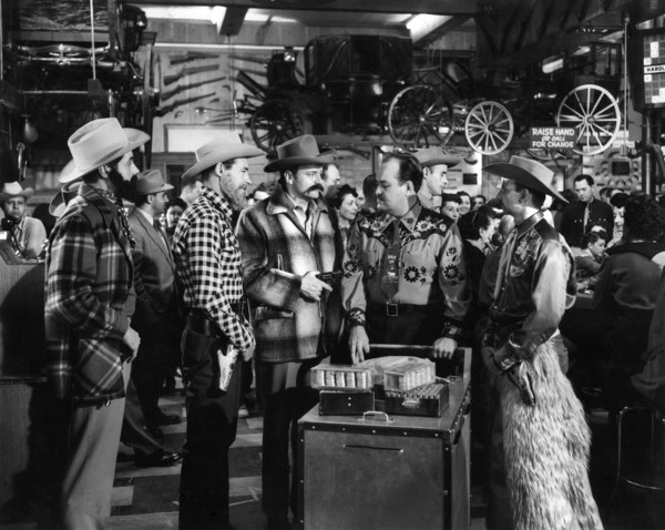 Kewin Mathews, Guy Madison, Brian Keith, William Conrad, Alvy Moore, on-set of the western film,