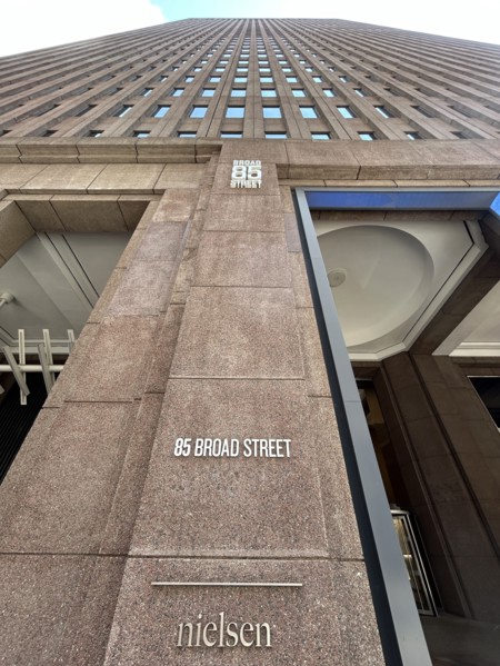 Nielsen Media Research headquarters, low angle view of building exterior, 85 Broad Street, New York
