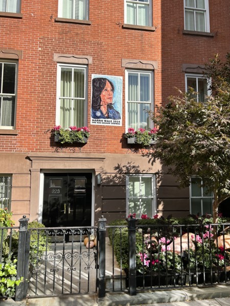 Harris Walz 2024 campaign poster on residential building, Greenwich Village, New York City, New