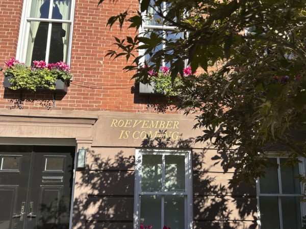 Roevember Is Coming' sign stenciled on residential building exterior, Greenwich Village, New York
