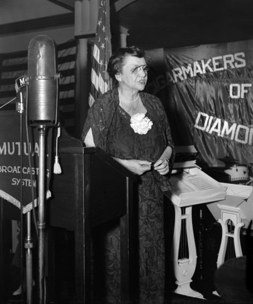 U.S. Secretary of Labor Frances Perkins delivering speech at 75th anniversary gala celebration of