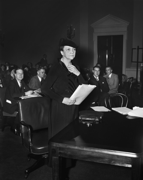 U.S. Secretary of Labor Frances Perkins preparing to testify on the Administration's Social