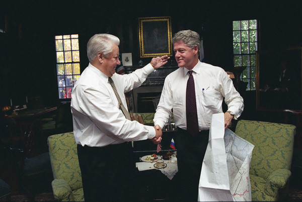 U.S. President Bill Clinton greeting President Boris Yeltsin of Russia at Franklin D. Roosevelt