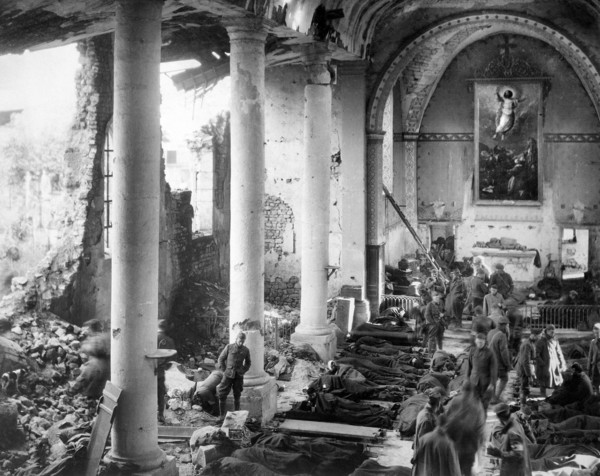 Temporary shelter in church ruins for American wounded being treated by 110th Sanitary Train, 4th