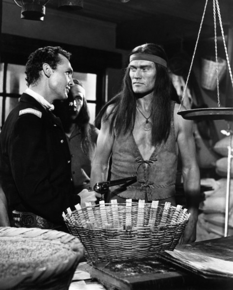 Pat Conway, Chuck Connors, on-set of the western film, "Geronimo", Bedford Pictures, United