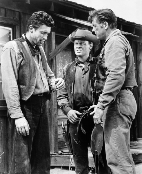 Med Flory, James Brown, John Clarke, on-set of the western film, "Gun Street", United Artists, 1961
