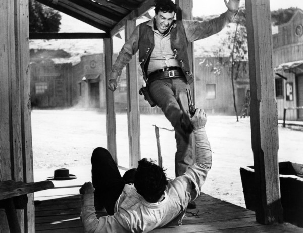Don Megowan (laying on ground), James Arness, on-set of the western film, "Gun The Man Down",