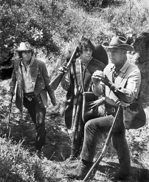 Joe Don Baker, Reni Santoni, George Kennedy, on-set of the western film, "Guns Of The Magnificent