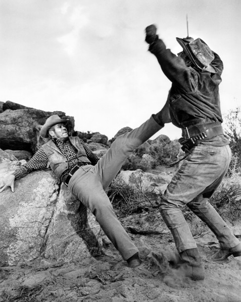 Dan Duryea (left), on-set of the western film, "Incident At Phantom Hill", Universal Pictures, 1966
