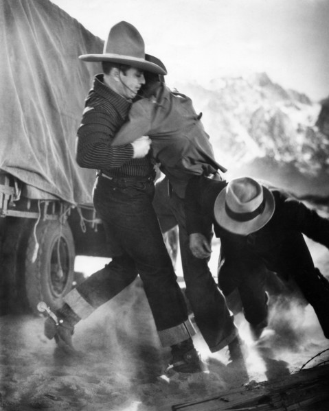 George O'Brien (left), on-set of the western film, "Hollywood Cowboy", aka "Wings Over Wyoming",