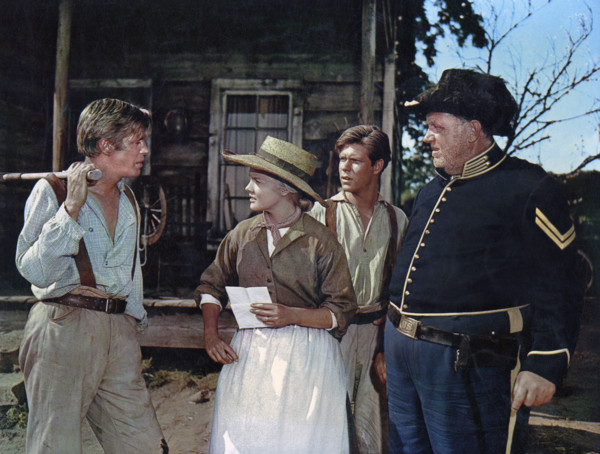 George Peppard, Carroll Baker, Claude Johnson, Andy Devine, on-set of the western film, "How The