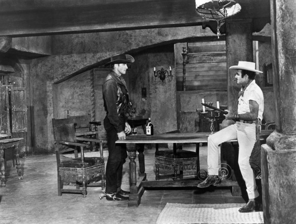 Jock Mahoney, Gilbert Roland, on-set of the western film, "The Last Of The Fast Guns", Universal