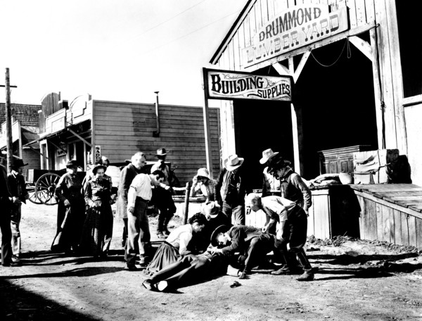 Audrey Dalton, Willard Parker, Dabs Greer, on-set of the Western film, "Lone Texan", 20th