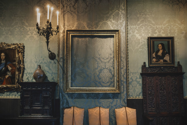 Empty frame of stolen artwork, Lady and Gentleman in Black by Rembrandt, Isabella Stewart Gardner
