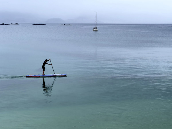 Man paddle boarding on calm water, Bueu, Pontevedra, Galicia, Spain