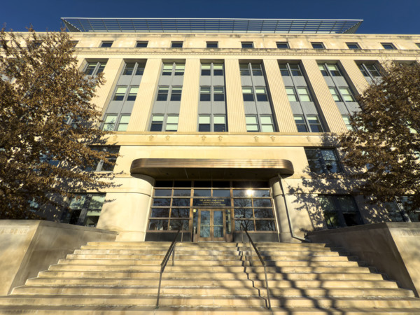The Morris and Sophie Chang Building, entrance and stairs, low angle view, Massachusetts Institute