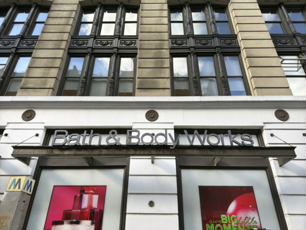 Bath & Body Works store, low angle view of building exterior and company sign, New York City, New