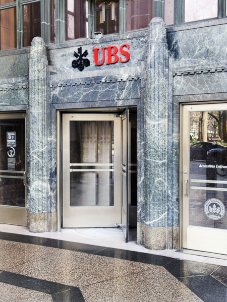 UBS Group AB, office building entrance, New York City, New York, USA